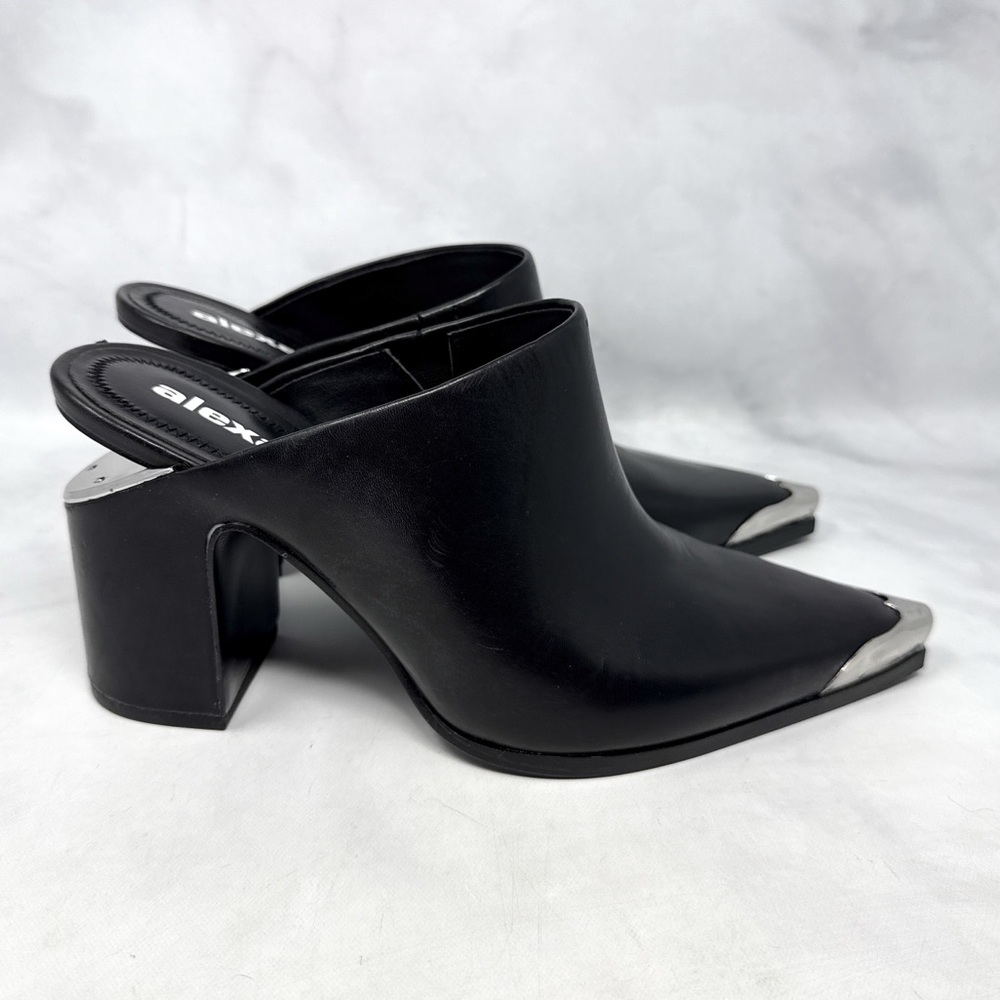 Alexander Wang Su Metal Plated Pointed Toe Cutout Block Heel Mules Western Black